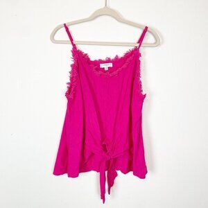 Umgee Women's 1XL Hot Pink‎ Fray Tie Front Linen Blend Tank Top Spaghetti Strap